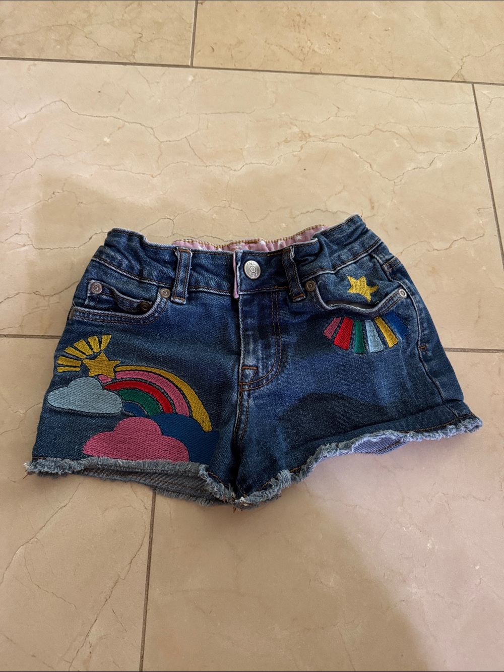 Mini Boden Rainbow Patch Denim Shorts - Blue with Multicolor Embroidery